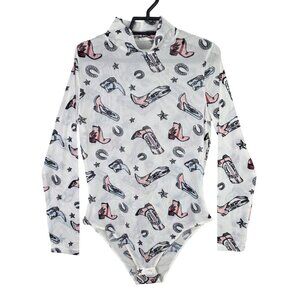 Womens Cowgirl Western Novalty Print Mesh Bodysuit Snap Closure Long Sleeve S